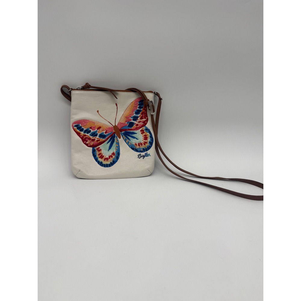 Brighton Butterfly Embroidered Leather Crossbody Bag White Brown Small Purse